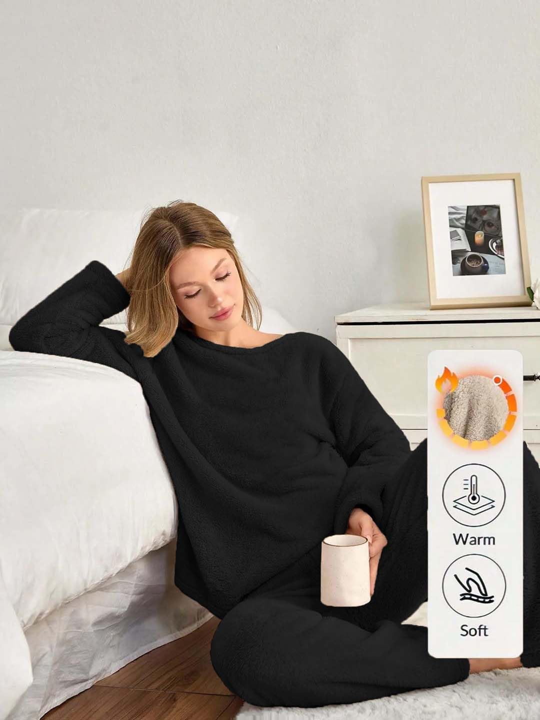 KOTTY Czarny zimowy dres treningowy dla kobiet, zestaw co-order, ciepły wełniany polar, jogger i bluza, strój do stylowej odzieży fitness i podróży
