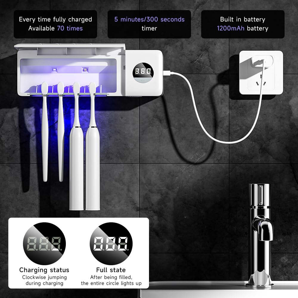 Toothbrush Cleaner, Toothbrush Sterilizer and Holder, Cordless Wall Mounted Toothbrush Holder, Wall Mounted Toothbrush Holder, 4 Toothbrush Slots and Timer Multi-Functional for Bathroom