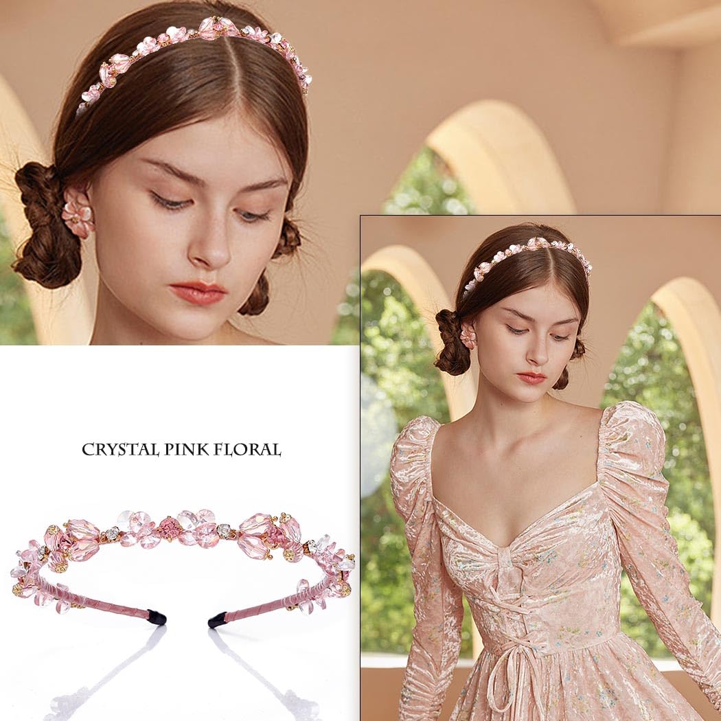 Rosa Strass-Stirnbänder für Damen und Mädchen, Kristall-Perlen, Barock, dünne Haarreifen, mit Schmucksteinen besetztes Stirnband für Damenhaar