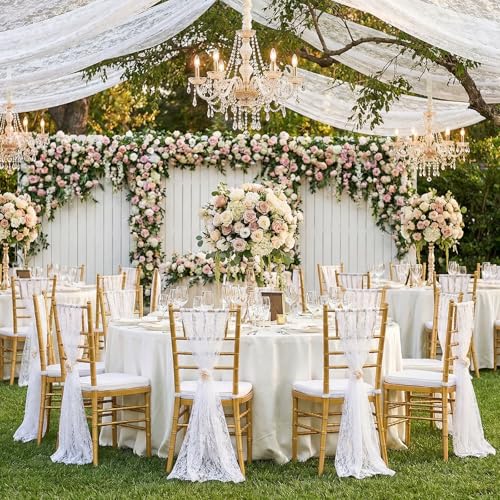 Fanqisi 32 Pack White Chair Sashes: 8ft Lace Chair Cover Wedding Aisle Decorations Vintage Embroidered Chair Bows for Party Reception Dinning Decor 9.5 x 94.5 inch