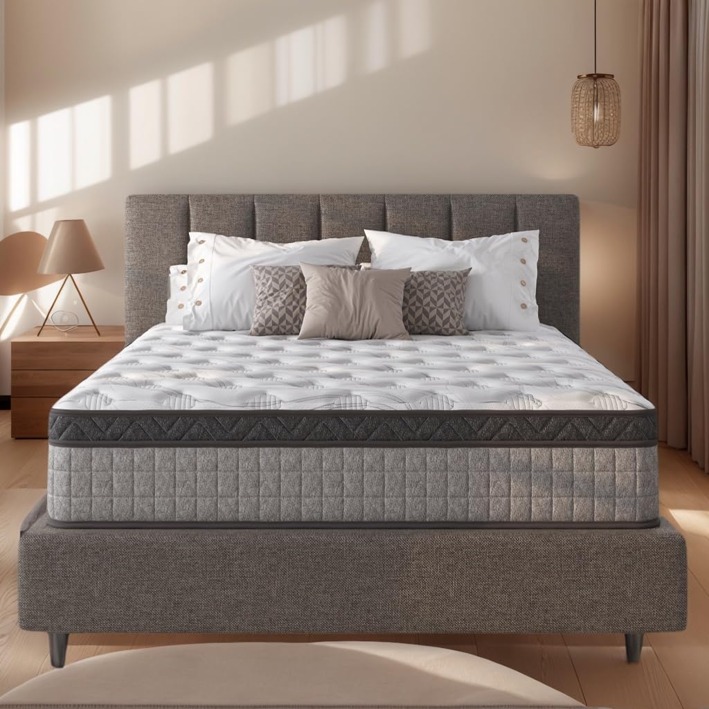 Doeqkue Hybrid Mattress for Cool Sleep - Gel Infused Memory Foam & Pocket Springs, Motion Isolation, Fiberglass-Free (Twin/Full/Queen/King, 10/12 Inch