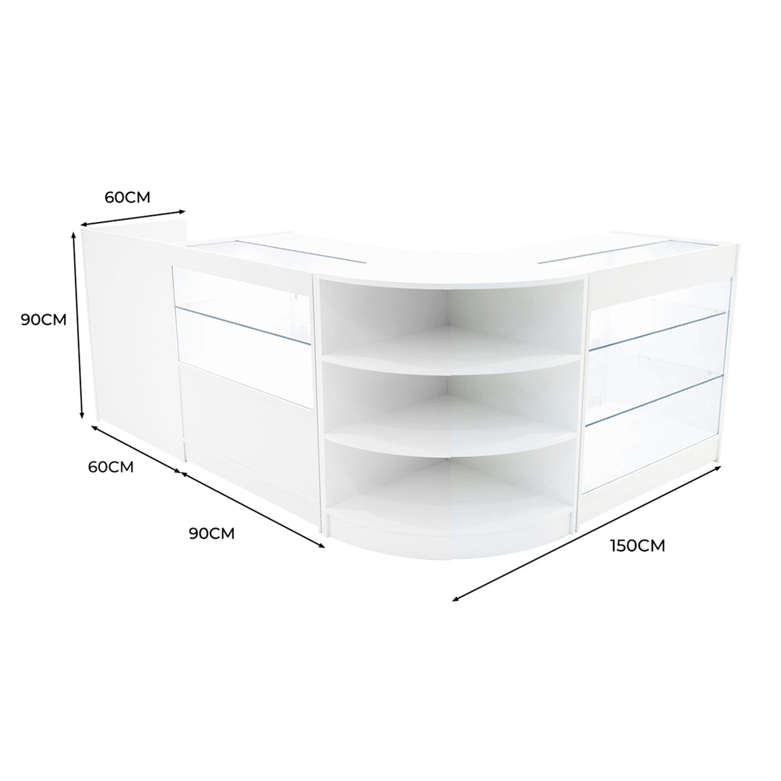 Set Banconi Bianco con LED Theia K900 C900 LM60 TB60 - Vetrina con Serratura, Ante Scorrevoli, Chiavi, Illuminazione, Mobile Cassa, Espositori in Vetro per Gioielli, Abbigliamento e Accessori