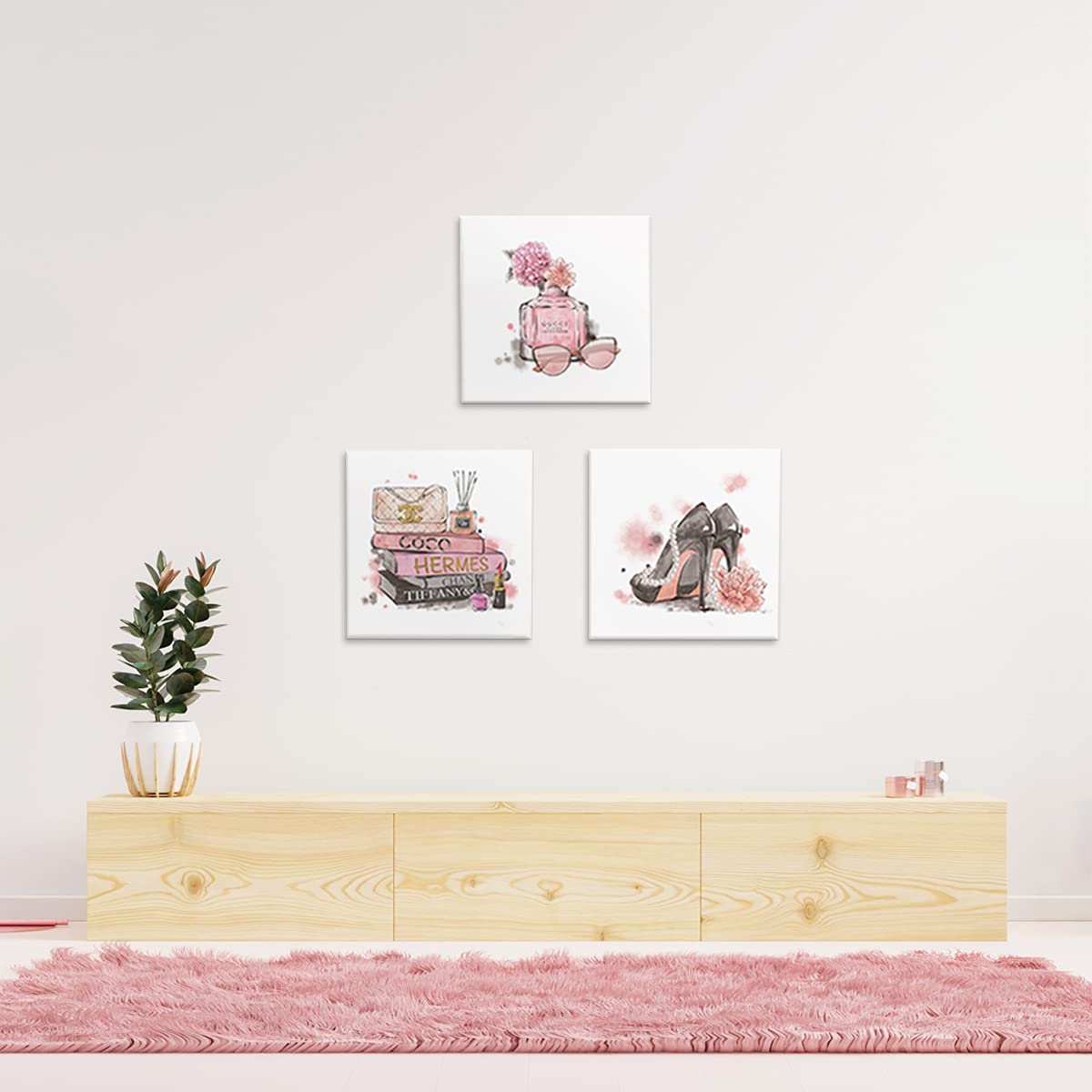 Bedroom Wall Decor Canvas Framed Artwork Perfume Cosmetics High Heels Print Picture Wall Art for Living Room Bedroom Teen Girls Room Modern Home Pink Chanel Wall Decorations Size 14x14 inch 3 Pieces