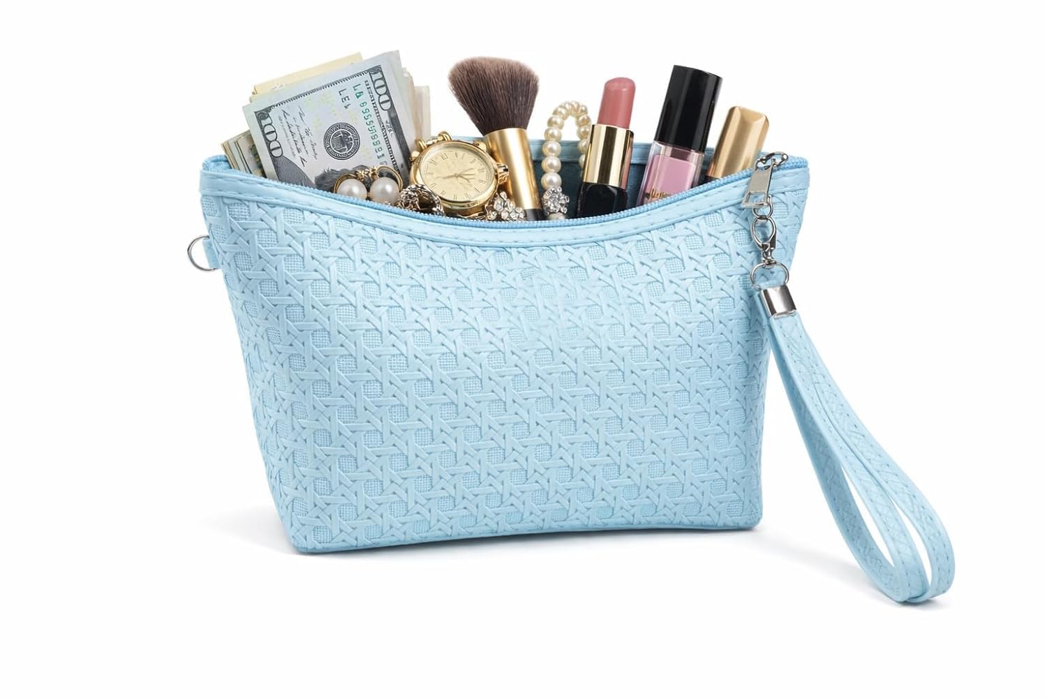 Quilted Makeup Pouch Bag, Wristlet Strap, Zipper Closure, Cosmetic Organiser for Travel and Daily Use (Sky Blue)-image-15