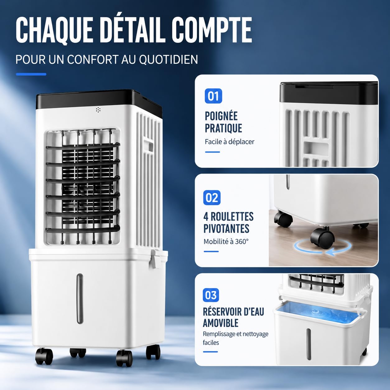 Rafraîchisseur d'Air Évaporatif 3 en 1, Ventilateur Refroidisseur avec Humidificateur, Réservoir 15 L, 3 Vitesses, 3 Modes, Oscillation 120°, Télécommande, Minuterie, 65 W, Sur Roulettes
