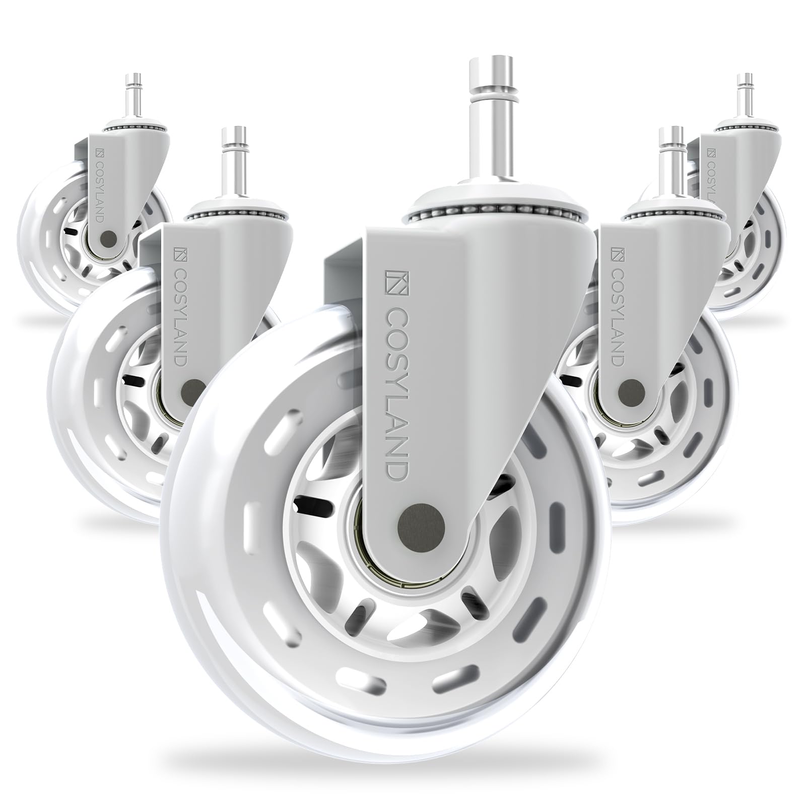 COSYLAND Office Chair Casters, Set of 5 Replacement Rubber Casters, Heavy Duty Office Chair Rollers, No Noise, Fits 98% of Chairs, for All Floors (White)