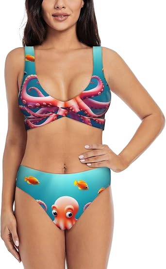 Underwater Plant Octopus Print Womens Bikini Set Removable Padded Crossover Beach Swimwear