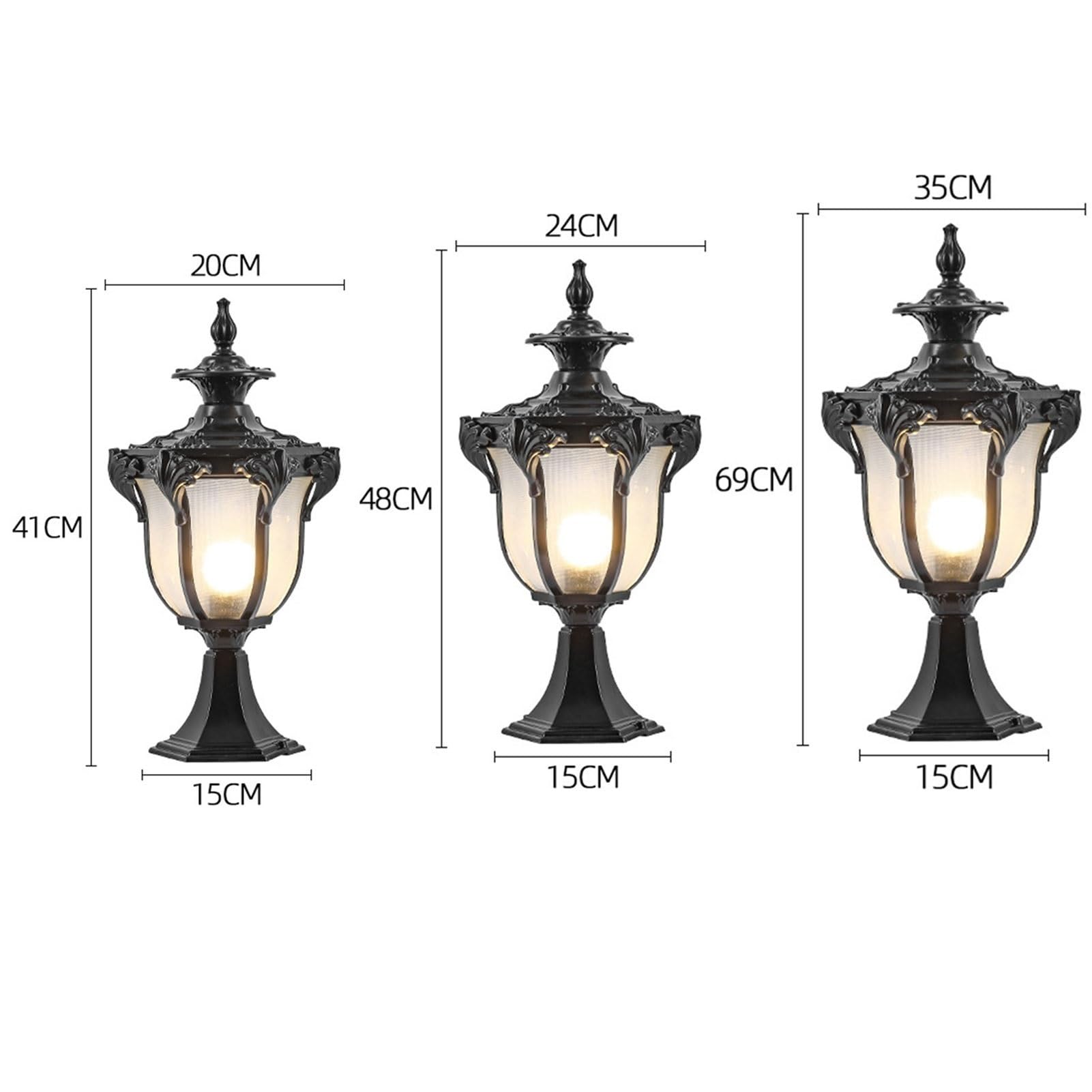 Europejskie zewnętrzne lampy słupkowe, szklana kolumna, lampa do ogrodu, na taras, patio lub podwórko, filar, dekoracja krajobrazu, latarnia, czarna, 24 x 59 cm