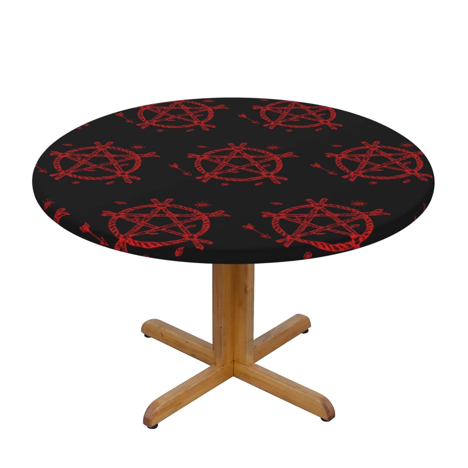 Lsjuee Round Fitted Tablecloth 40-44in Elastic Edged Table Cloth for Kitchen Dining Party Home Decor - Magic Pentagram Black Red