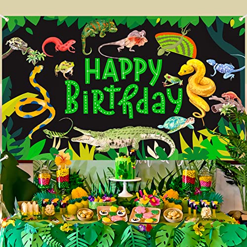 Reptile Swamp Happy Birthday Banner Backdrop Jungle Wild One Party Banner Decorations For Kids Safari Animals Lizard Snake Turtle Alligator Themed Banner Backgroud Decor Photo Booth Props 71 X 44 Inch #TOP1