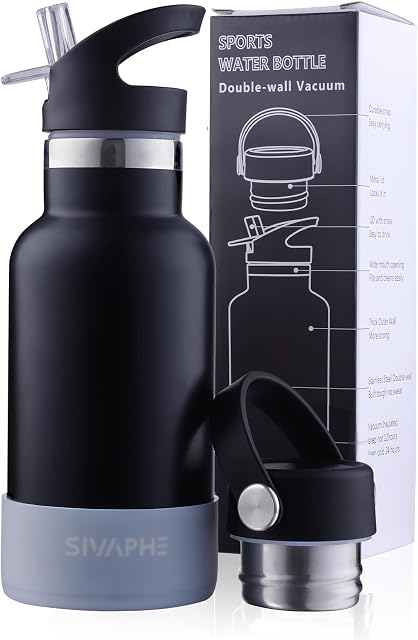 Sivaphe Insulated Bottle 350ml Leak-Proof Stainless Steel Double Walled Vacuum Drink Flasks with Lids and Straw for Sports Outdoor Hiking Camping Black
