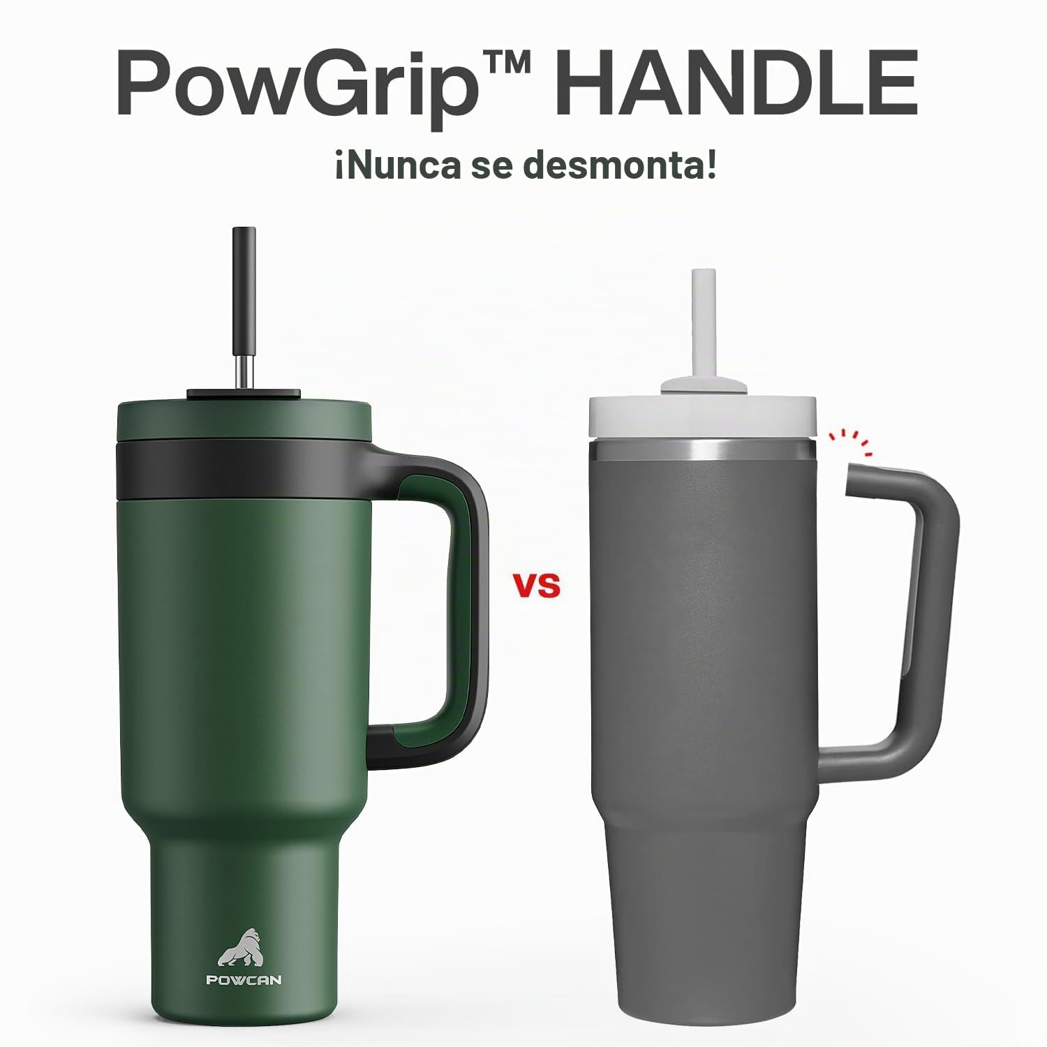 POWCAN Vaso de 40 onzas con asa, popote y tapa para sorber 2 en 1, a prueba de fugas, apto para lavavajillas, taza de café de viaje de acero inoxidable aislada, mantiene el frío durante 34 horas, cabe