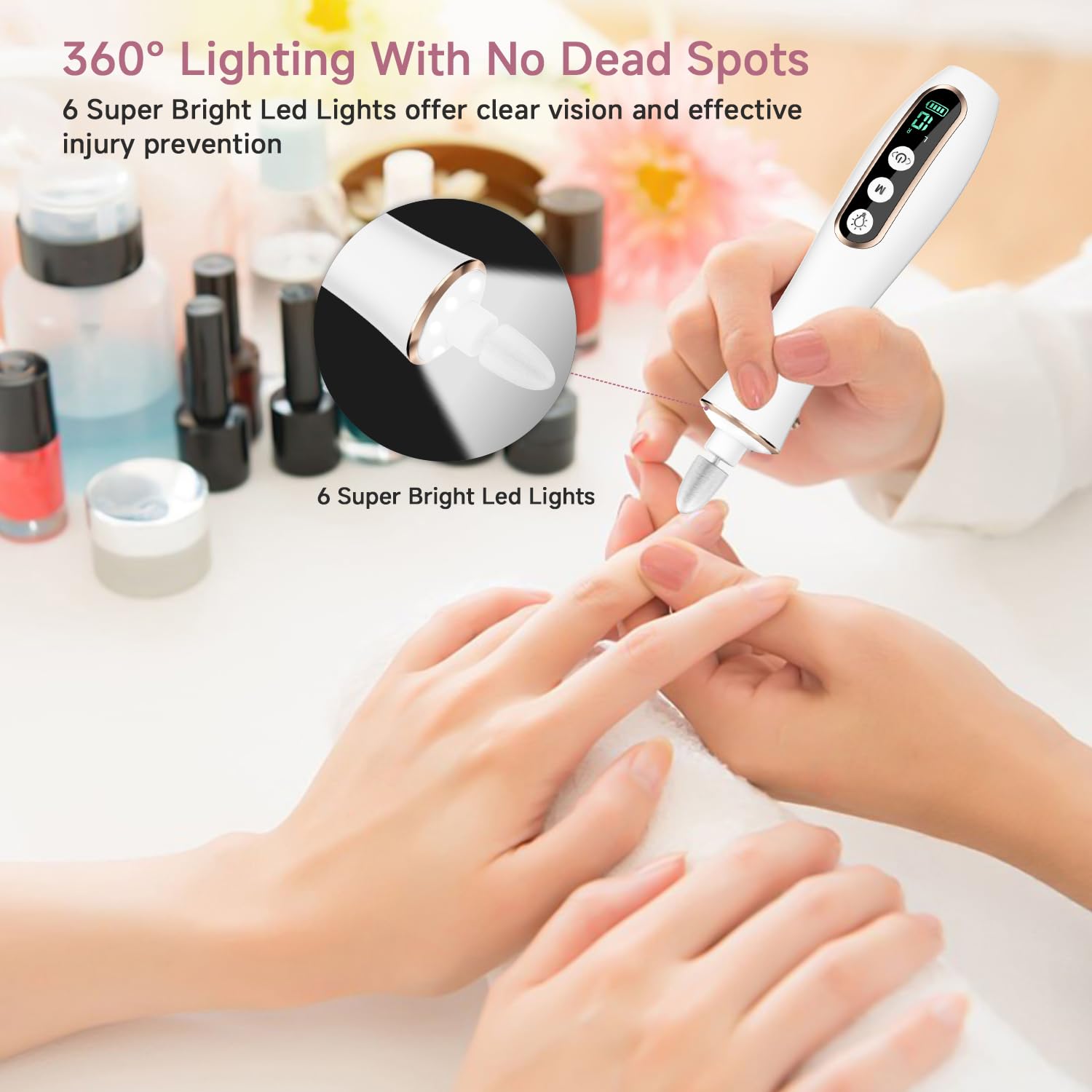 Karrong Fresa per Unghie senza fili, 10 in 1 Fresa per Unghie Professionale, Manicure Elettrico e Pedicure, lima elettrica per unghie portatile, 10 velocità, luce a led (Bianco)