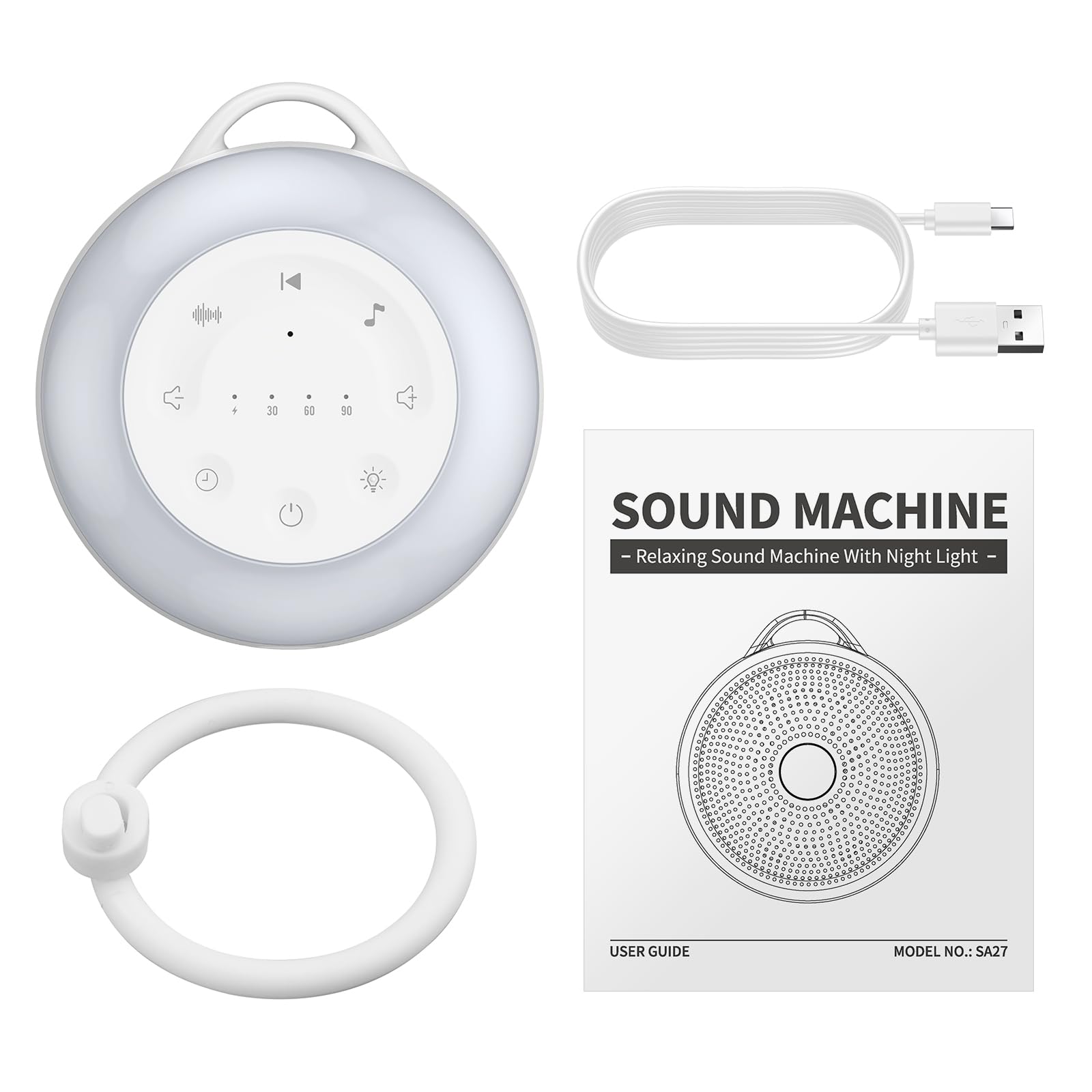 White Noise Machine Einschlafhilfe 24 Beruhigende Geräusche Tragbar 2000mAh Akku 3-Timer Memory-Funktion 16 stufige Lautstärke Babys Erwachsene Weiß