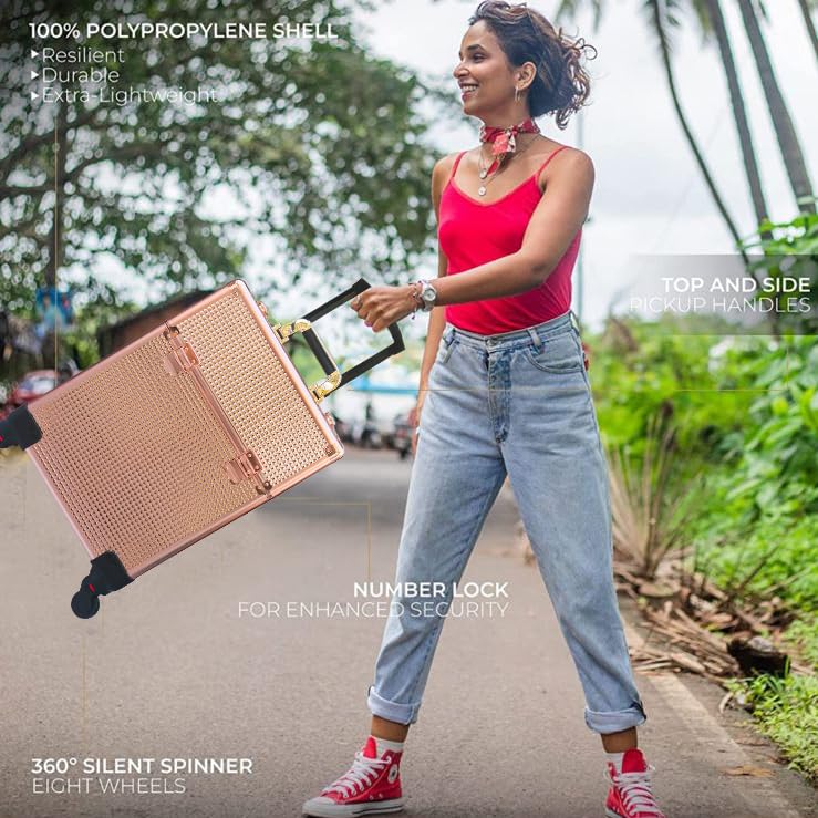 Image of Adson Multifunctional Professional Beauty Makeup Artist Rolling Cosmetic Aluminium Vanity Trolley Beauty Train case Makeup Cosmetic Trolley Hairstylist Travel Organizer (Rose Gold)