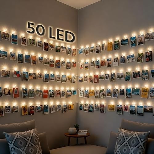 GloBrite 50 LED Battery Fairy Lights w/Photo Pegs and String, 5M Fairy Lights Battery Operated w/ 30 Mini Pegs and String for Photos -Ideal for Bedroom Ambiance, Party Backdrops, or Wedding Décor