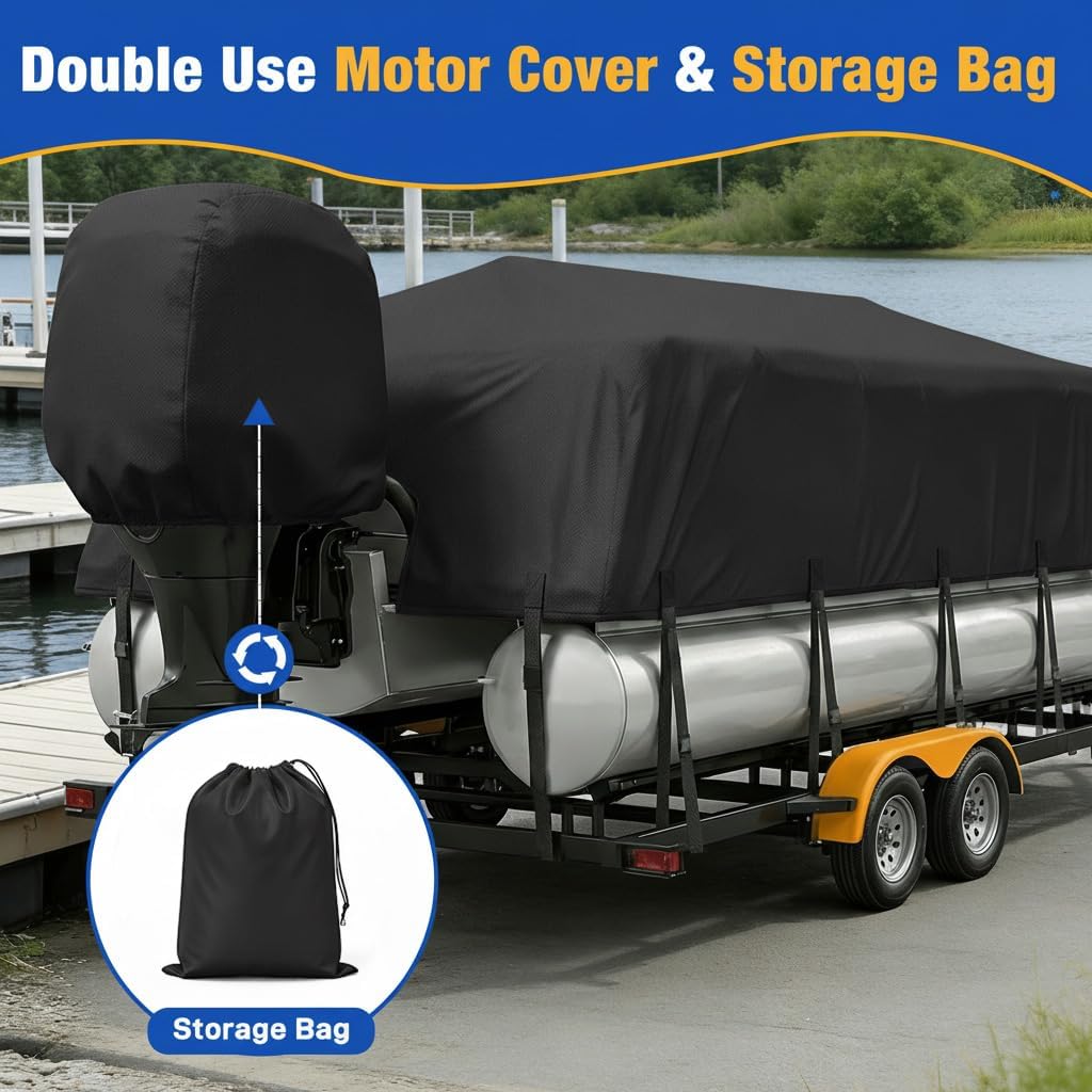 Pontoon Boat Cover 19-21 ft, 1200D Heavy Duty Waterproof Pontoon Cover with 14 Windproof Straps, Elastic Hem & Motor Cover, Fits 19 ft 20 ft 21 ft Pontoon Boats Up to 8.5 ft Beam, Black