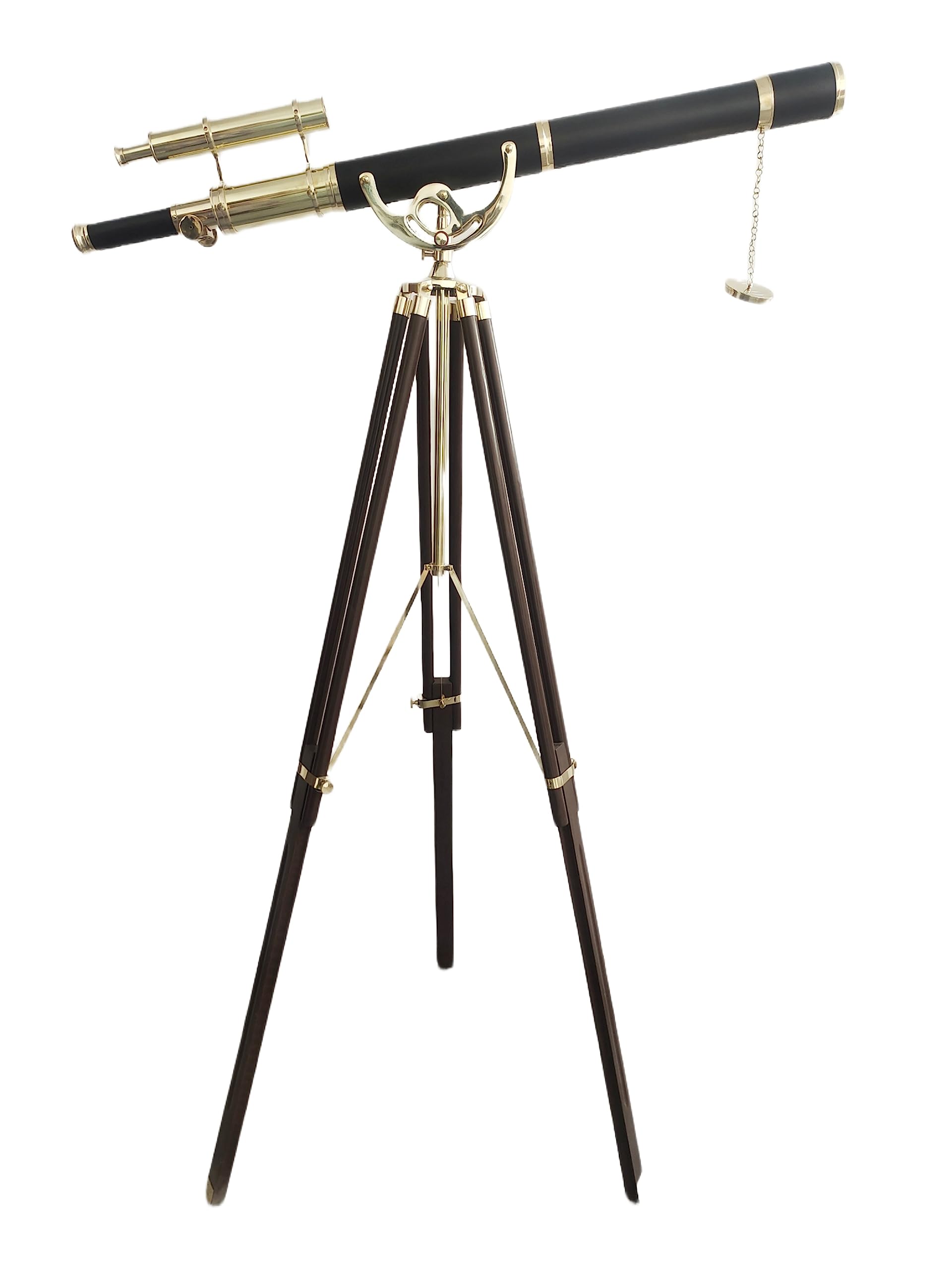 Vintage Double Barrel Black Leather Shiny Brass Finish Telescope Leather Covered Tube Adjustable Tripod Floor Standing Telescopic