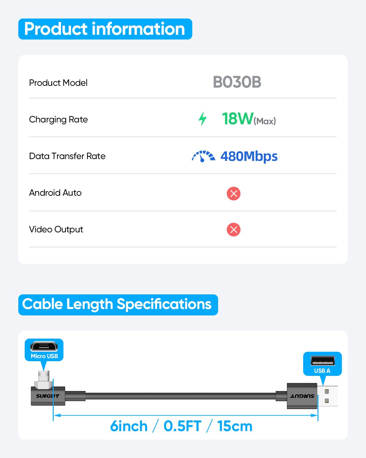 Amazon.com: Right Angle Micro USB Cable 6 inch [2Pack], 18W