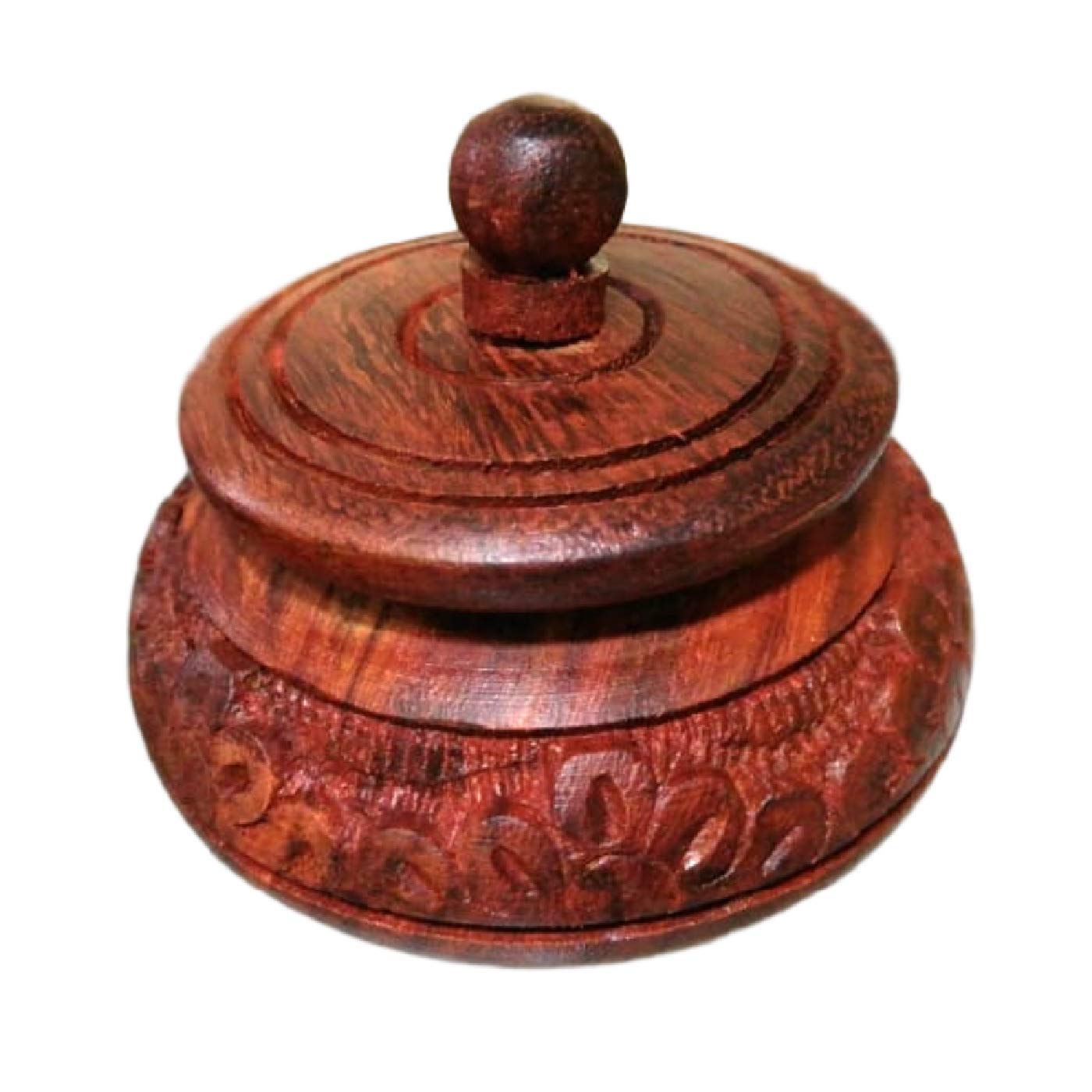 MODERN ARTISAN wooden hand carved kumkum box/sindur dabbi/aarti thali decoration dabbi/wooden sindur box for many use small box (brown) pack of 1