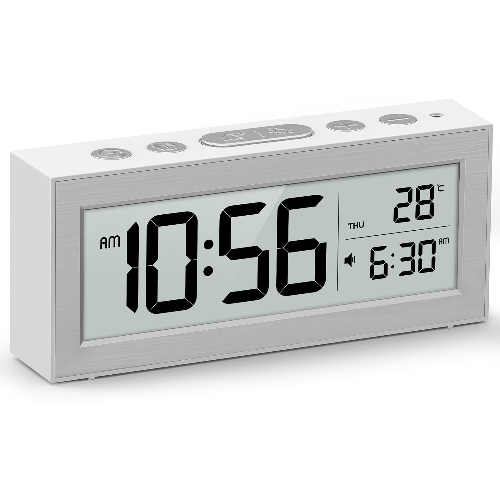 Digital Alarm Clock for Bedroom, Bedside Clock with Adjustable LED Display, Temperature & Calendar, Battery Powered Alarm Clock with Snooze(White)