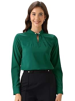 Allegra K Women's Pleated Mock Neck Pearl Decor Elegant Work