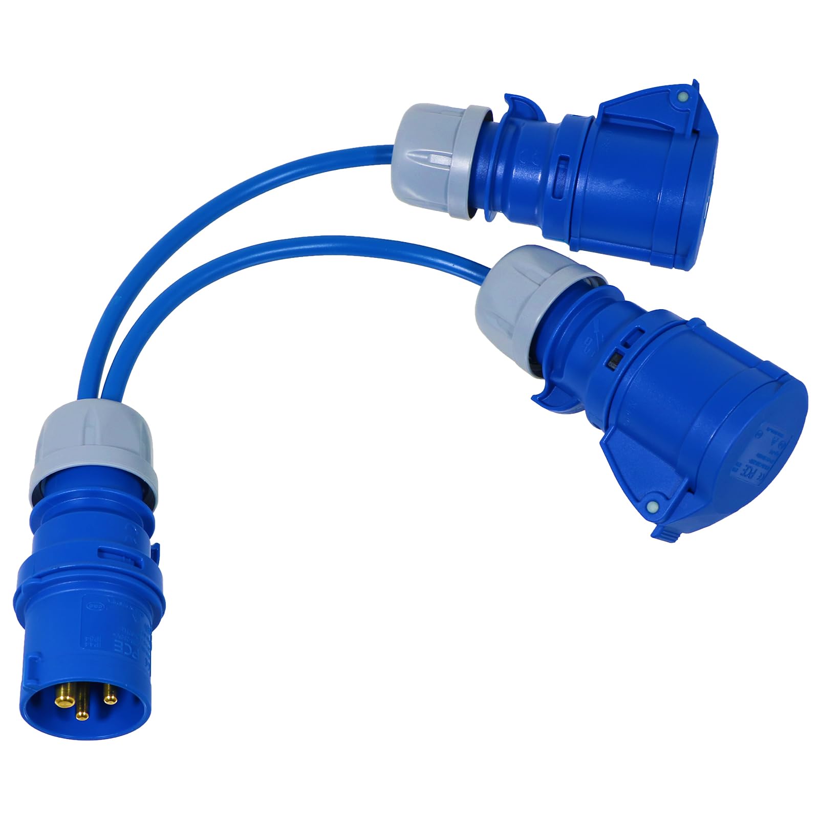 SPARES2GO Câble répartiteur 16 A 240 V pour Caravane, Camping-Car, raccordement bidirectionnel, pièce en Y, 2 Prises 16 A (Bleu)