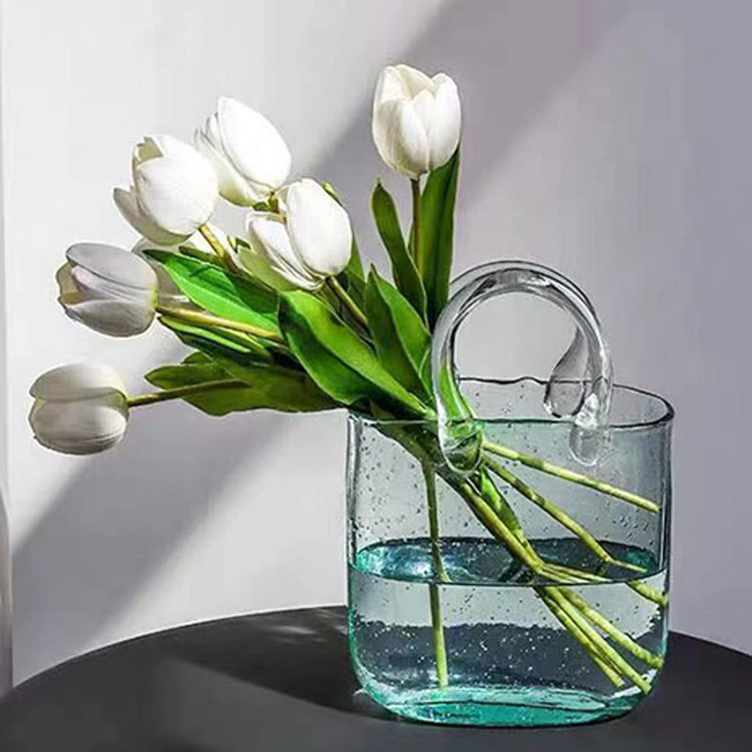 Hewego Glass Purse Vases with Handle Design,Light Blue Glass Vases with Air Bubbles,High Glass Bag Vase Blowing by Hand,Decor Glass Vase for Photo/Birthday/ Home Décor(Vase Only)