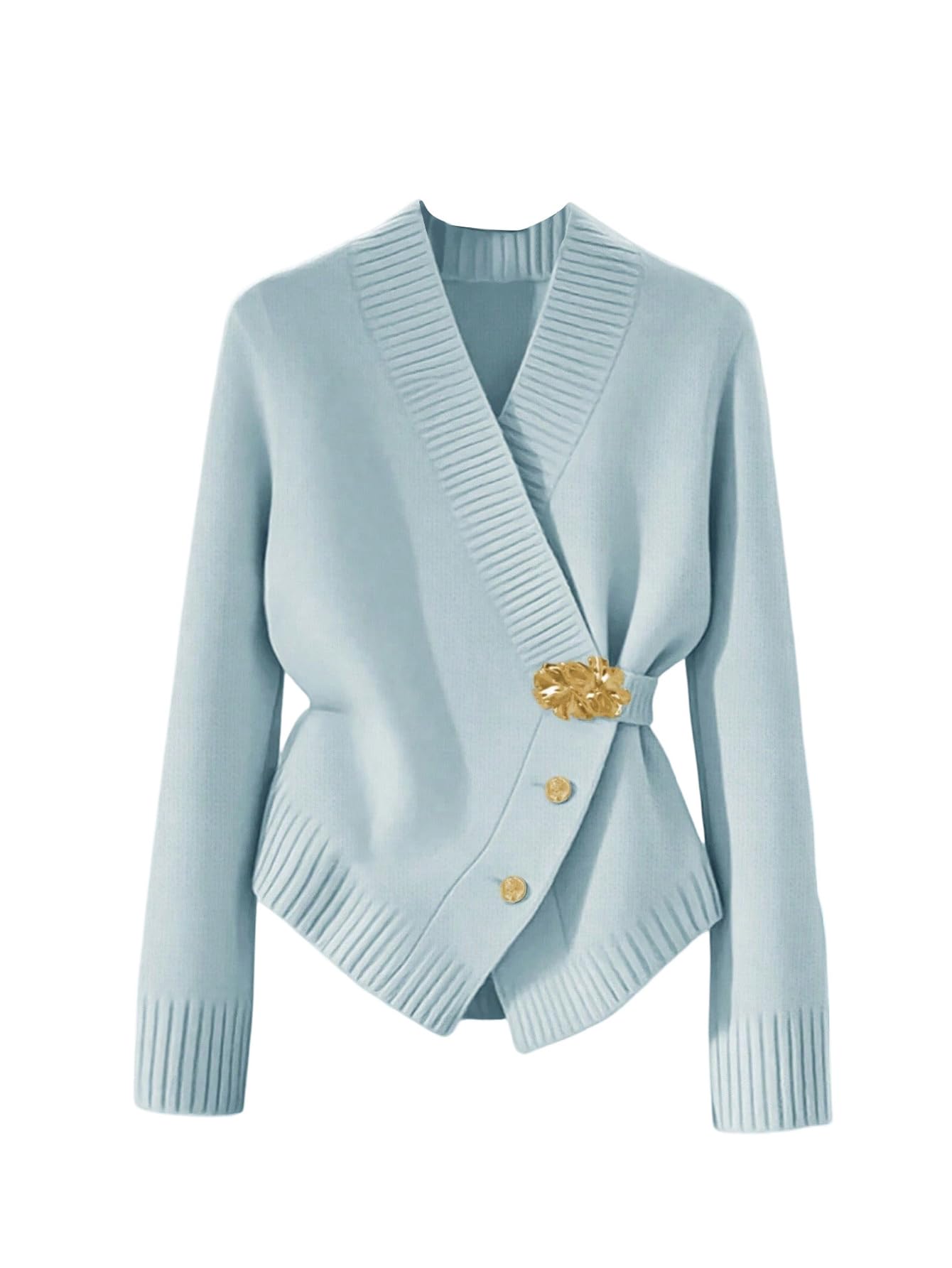 MakeMeChic Womens Metal Button Up Sweaters Cardigan Wrap V Neck Tie Back Long Sleeve Knit Tops