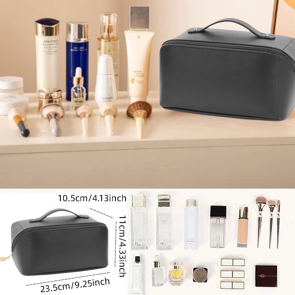 Large Travel Cosmetic Bag Cosmetic Organizer High Capacity Makeup Bag Storage Pouch PU Leather Makeup Box for Women Girls (Black) - Image 2