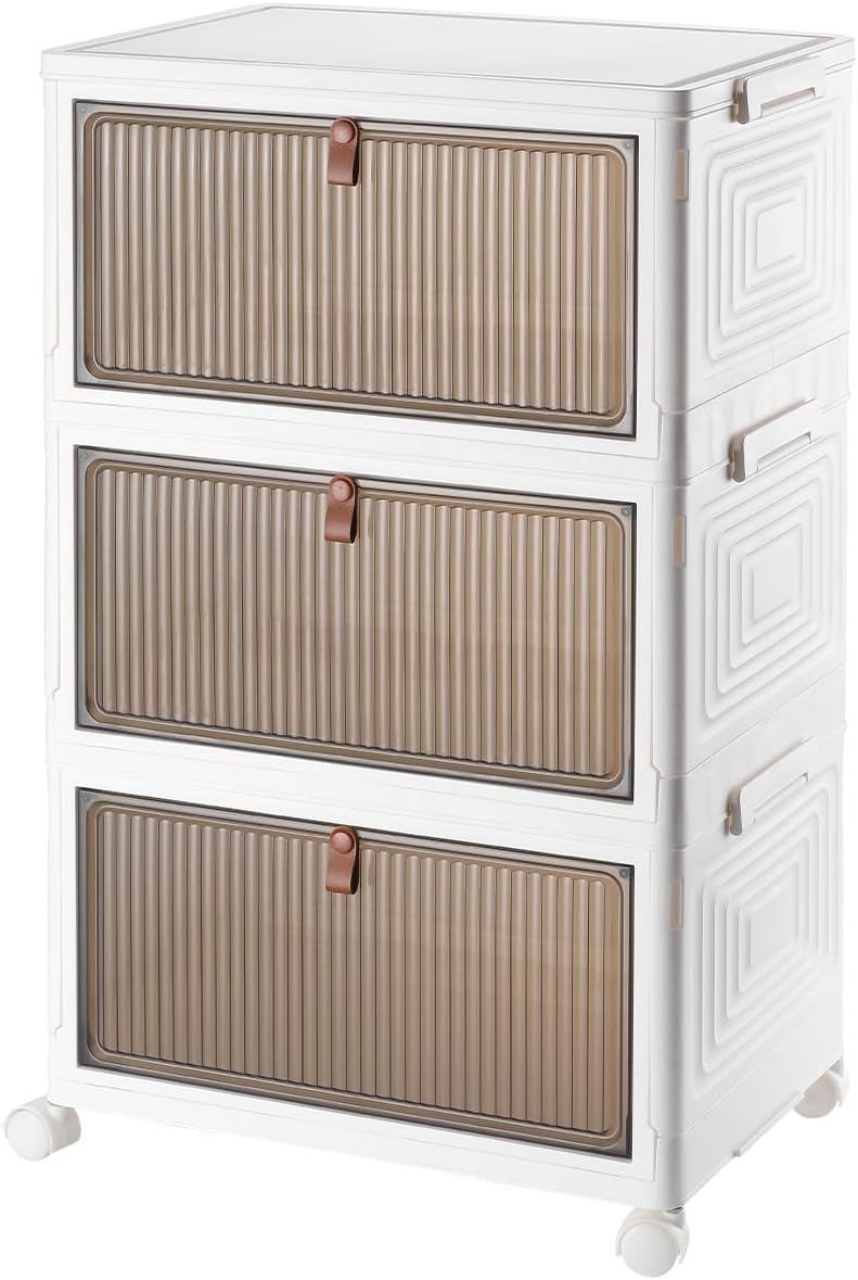 novelinks Storage Bin with Lid Collapsible Plastic Storage Bins With Wheels Foldable Storage Containers with doors White Closet Organizers,3 Tier