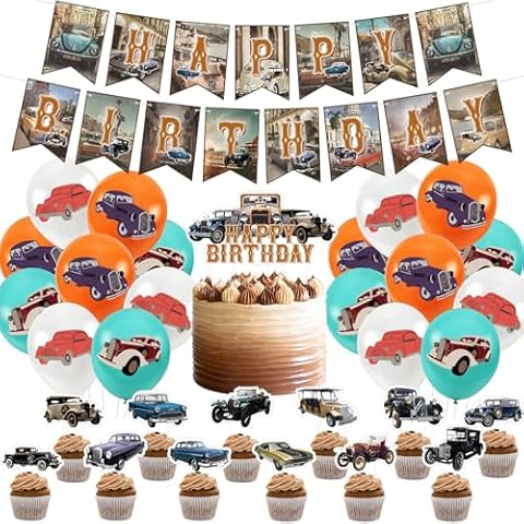PLORBACH Classic Car Party Decorations Vintage Car Themed Birthday Party Decorations Retro Route 66 Birthday Decorations Include Happy Birthday Banner Cake & Cupcake Toppers Balloons Cover