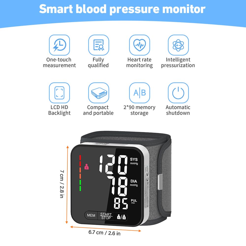 Tensiómetro de muñeca con detección de arritmia, medición de presión arterial y pulso totalmente automática, indicador de riesgo colorido, 2 × 99 memorias, para muñecas de 13,5 – 21,5 cm