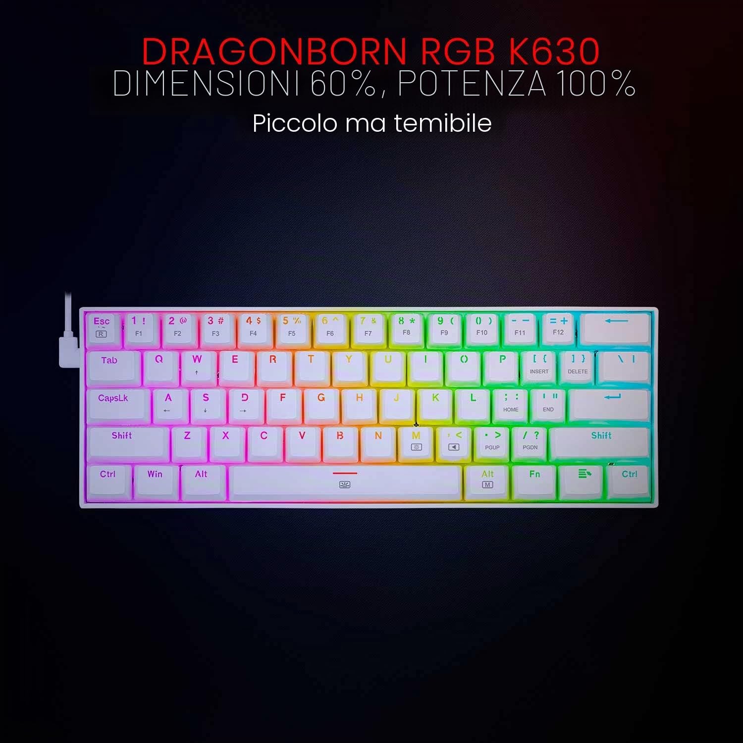 Redragon - K630 Dragonborn Bianca, Tastiera meccanica gaming 60%, compatta, 61 tasti, tastiera gamer TKL per giochi, tasti marroni, illuminazione RGB