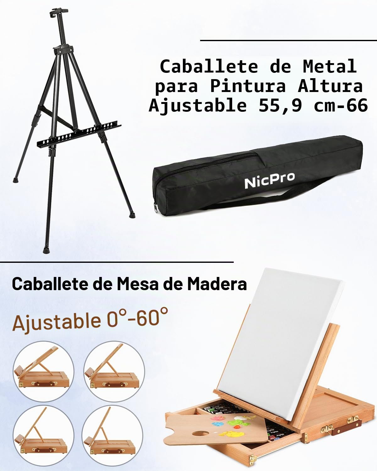 Nicpro Kit de pintura grande de lujo de 158 piezas con caballete de metal y madera de haya maciza, acrílico, óleo y acuarela, pinceles de pintura, lienzos, paleta, bloc de papel, juego de arte