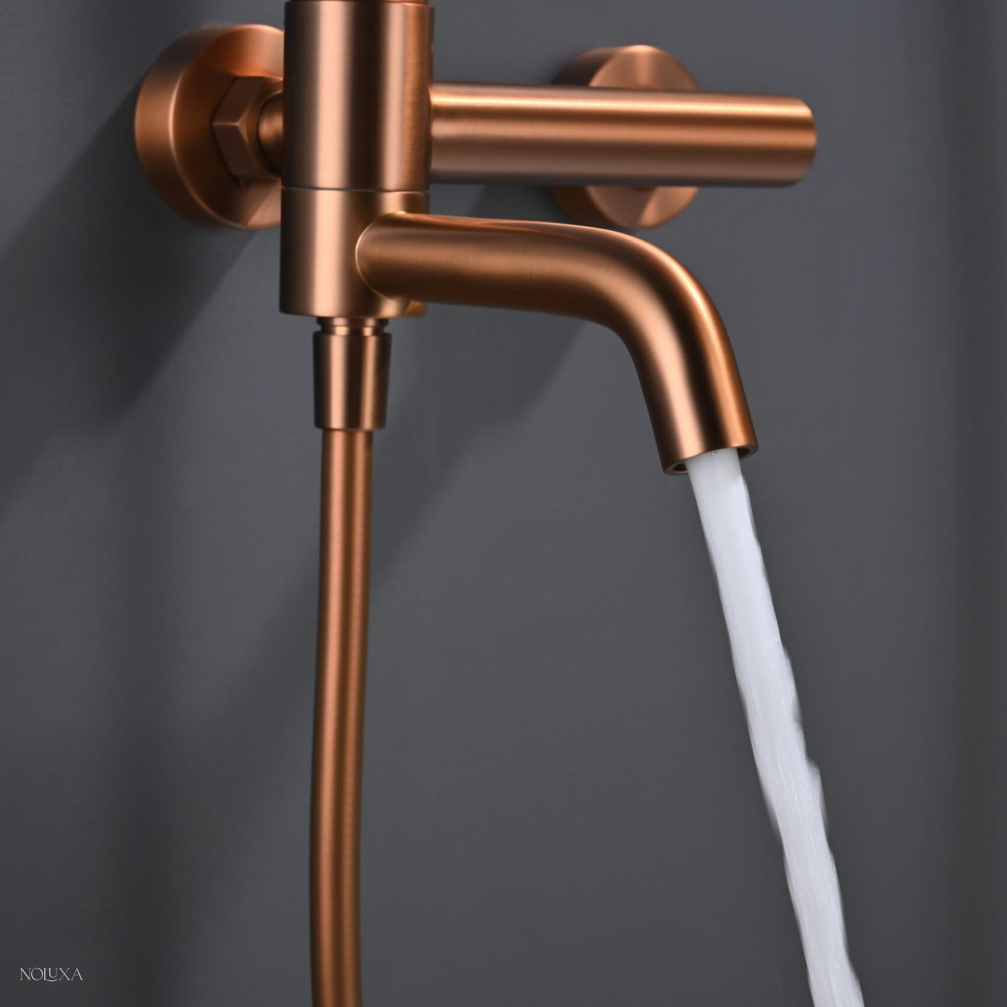 IMEX - Grifo Monomando Bañera y Ducha Oro Rosa | Grifo Mezclador de Pared con Soporte Alcachofa de Ducha y Manguera | Grifería en Latón y Acero Inoxidable S.304 | Serie Bless | Color Cobre