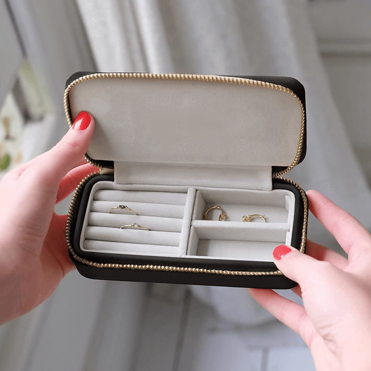 Schmuckschatulle, Mittelgroße Reise-Schmuck-Box, Schmuckschatulle Reise klein, Schmuckschatulle für Frauen, Für Ringe, Ohrringe (Altes Blau) (Taupe)
