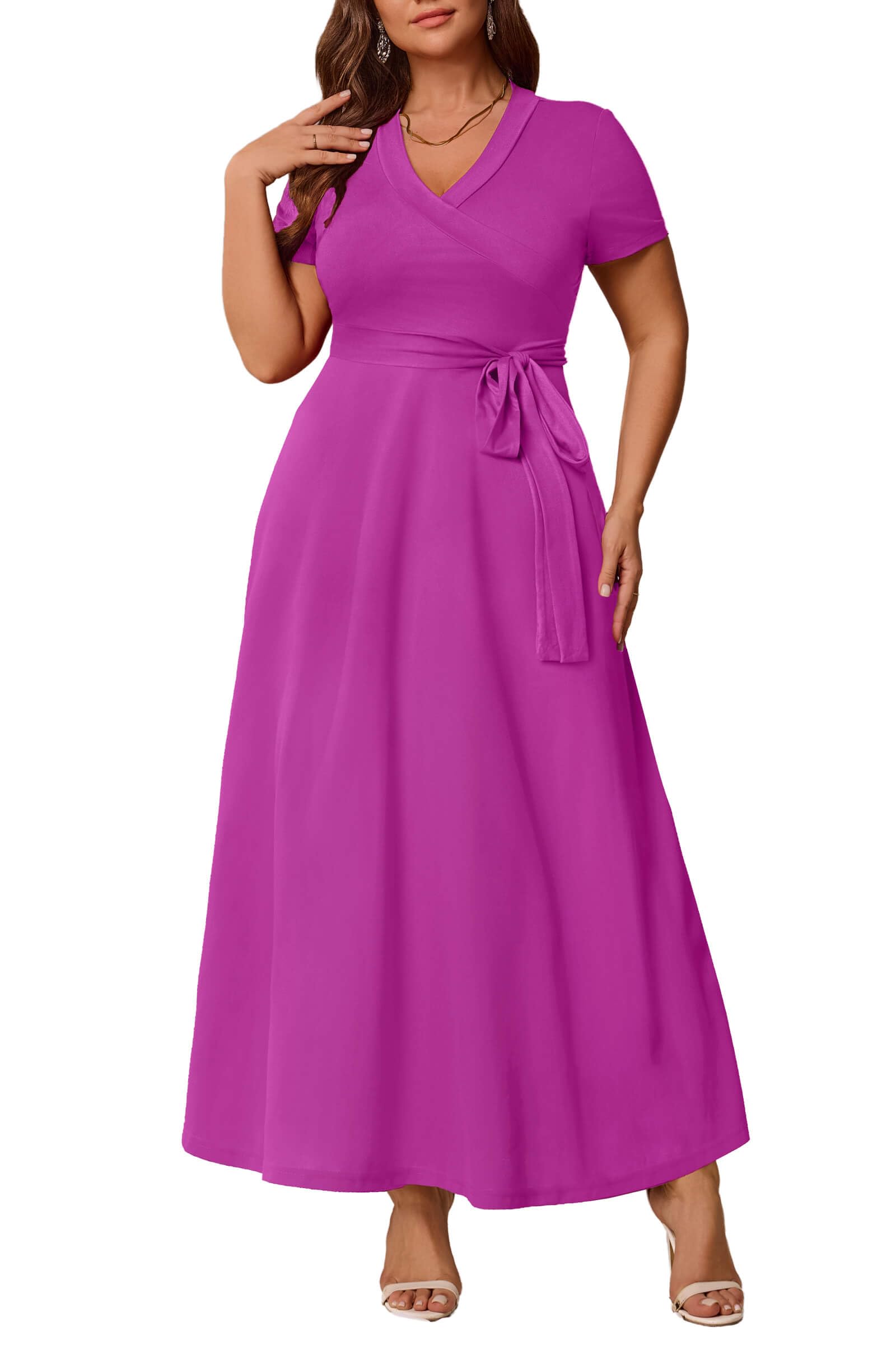 Runwind Women’s Plus Size Maxi Dress Short Sleeve Casusl Summer Long Dress Solid V-Neck Dresses