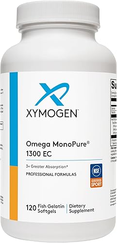 XYMOGEN Omega MonoPure 1300 EC - Aceite de pescado con 3 veces mayor absorción - Suplemento DHA EPA Omega-3 para apoyo cardiovascular + cognitivo