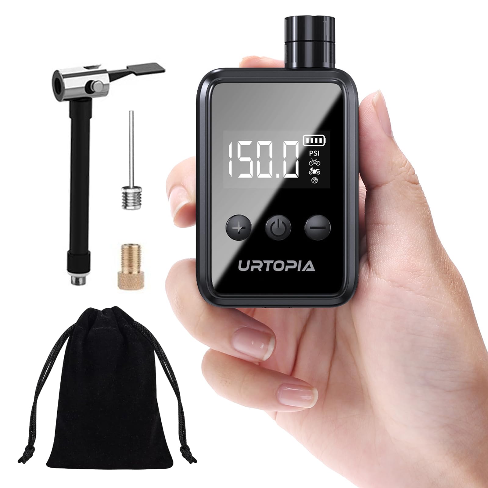 URTOPIA Mini Bike Tire Pump, Fast Inflate Bicycle Pump with Gauge, Rechargeable 150PSI Portable Electric Bike Air Pump with Presta and Schrader Valve for Road Bike, Ebike, Motorcycle, Ball