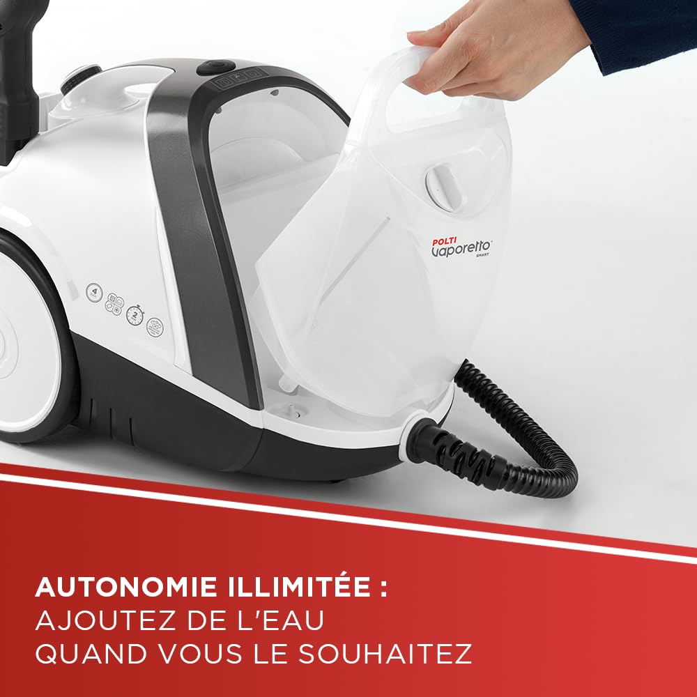 Polti Vaporetto Smart 120, Nettoyeur Vapeur avec Chaudière Haute Pression 4 Bars, Réservoir Amovible 2 Litres, Autonomie Illimitée, Chauffe en 2 Minutes, 14 Accessoires Inclus, Blanc et Noir