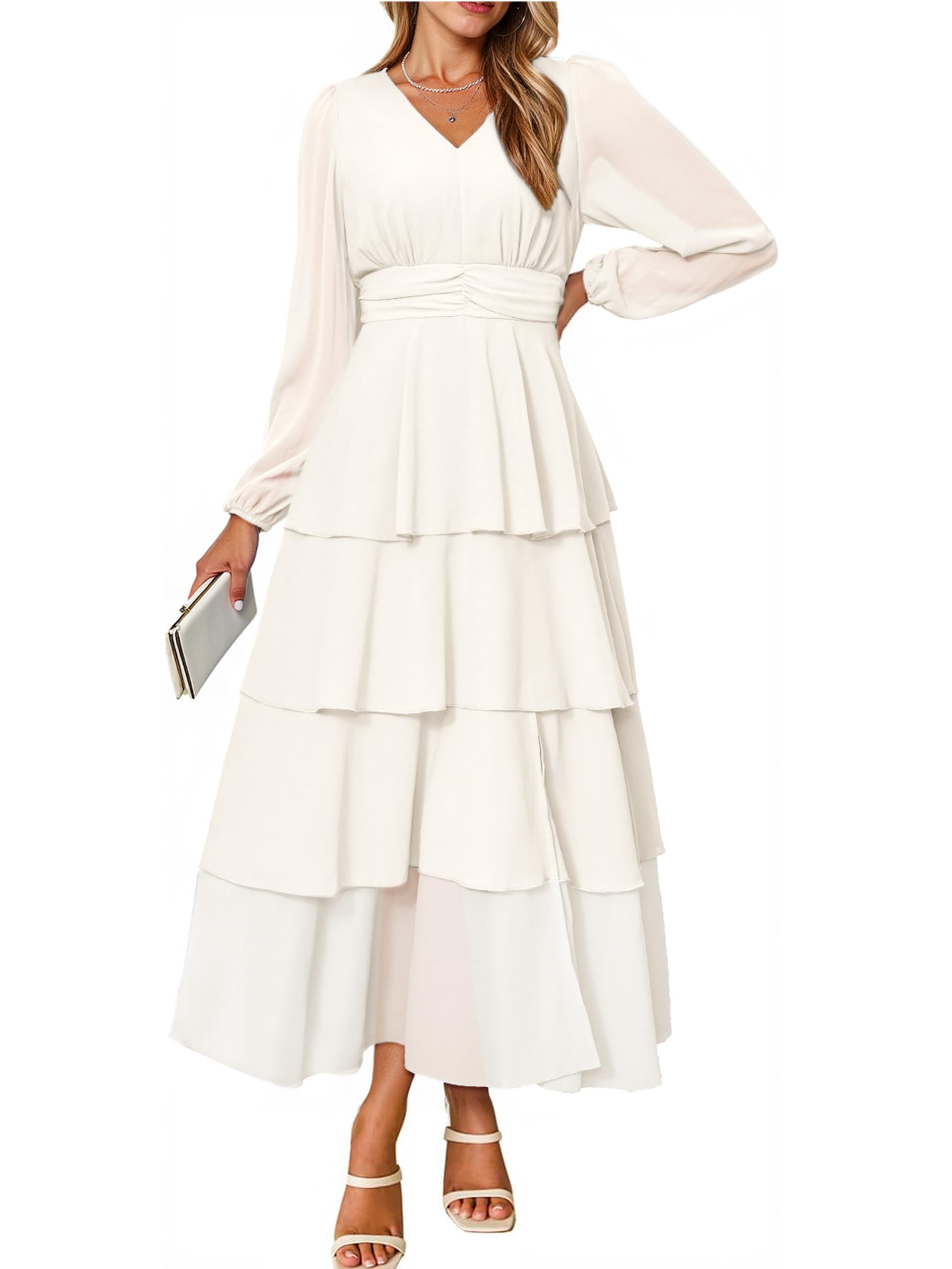 BerryGo Womens Flowy Maxi Dress Chiffon Long Sleeve Slit V Neck Casual Ruffle Tiered Boho Fall Wedding Guest Long Dress