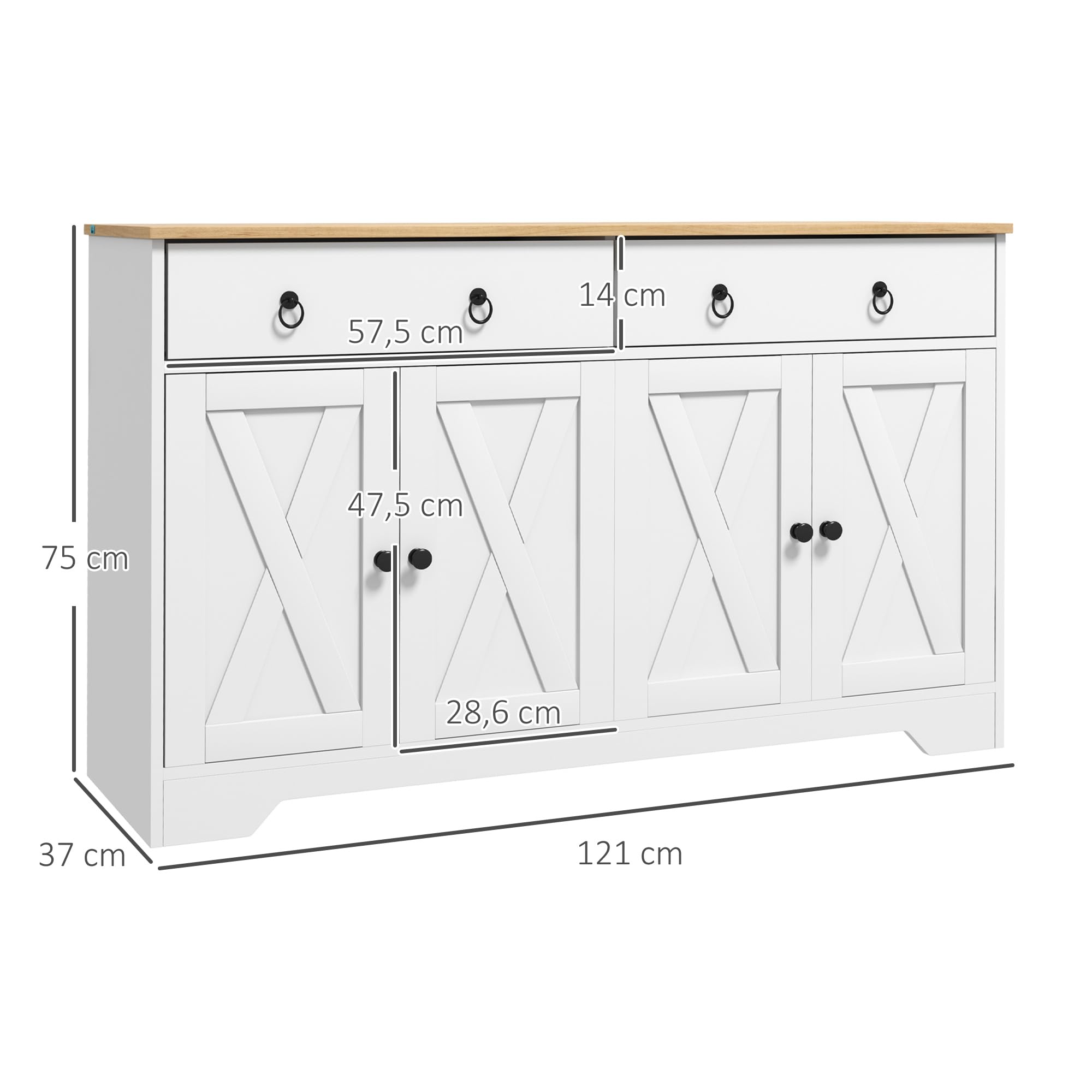 HOMCOM Mobiletto buffet 2 ante 121L x 37W x 75H cm Bianco