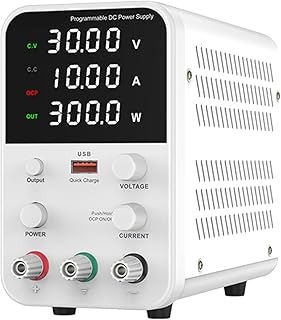 Fonte de alimentação CC de bancada variável 30V 10A Display digital Comutação ajustável Fonte de alimentação regulada CV CC com interruptor de saída, porta USB de carregamento rápido, alarme de