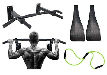IBS Wall Mounting Chin Up Bar-Pull Up Bar with Ab Straps and Rope Fitness Combo Pack