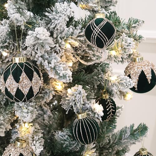 Image of 3.15IN Velvet Ornaments for Christmas Tree, 12pcs Flocked Ornaments Balls | deep green velvet christmas ornaments set,hanging neutral felt flocked balls bulk plastic shatterproof for tree decorations