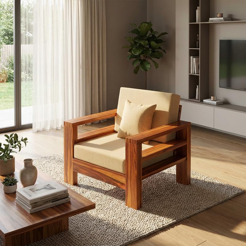 Image of Solid Sheesham Wood 1 Seater Sofa Set | Multipurpose Wooden Single Seater Lounge Sofa Set Furniture for Living Room, Home and Office (Honey Finish)