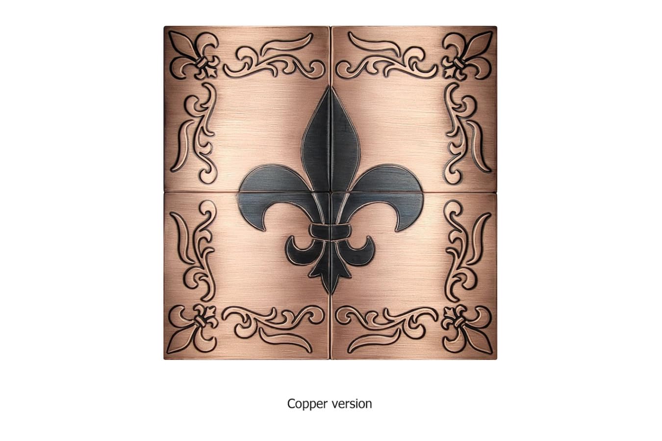 Piastrelle di rame fatte a mano Sanct - 4 piastrelle da parete patinate con motivo Fleur-de-lis, in 100% rame, per cucina, soggiorno, piastrelle decorative per parete posteriore della cucina, set da