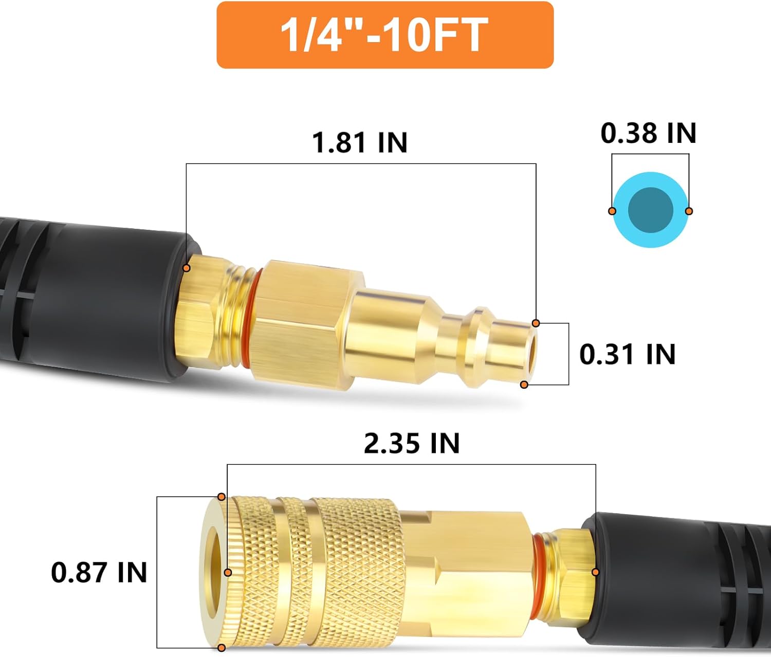 GASHER 1/4" x 10FT Reinforced Polyurethane Recoil Air Hose with Bend Restrictor, 1/4" Industrial Quick Coupler and Plug