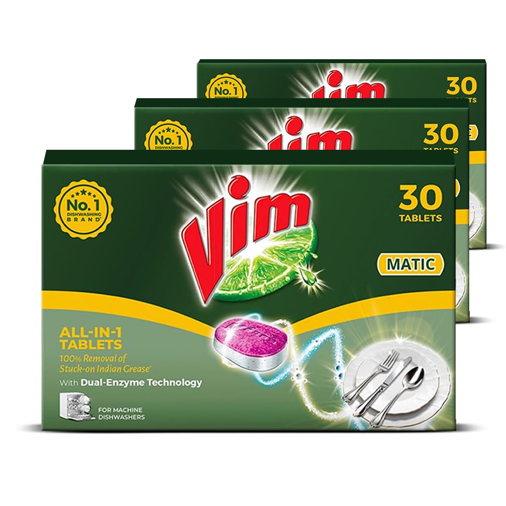 Vim Matic Dishwash All-In-One Tablets | Suitable For All Dishwashers | With Powerful Enzymes To Cut Through Grease And Tough Stains (Pack of 3)-picture-34
